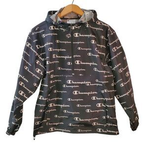 Champion Windbreaker Hoodie Women's  Medium Black All Over Script Logo J1015P